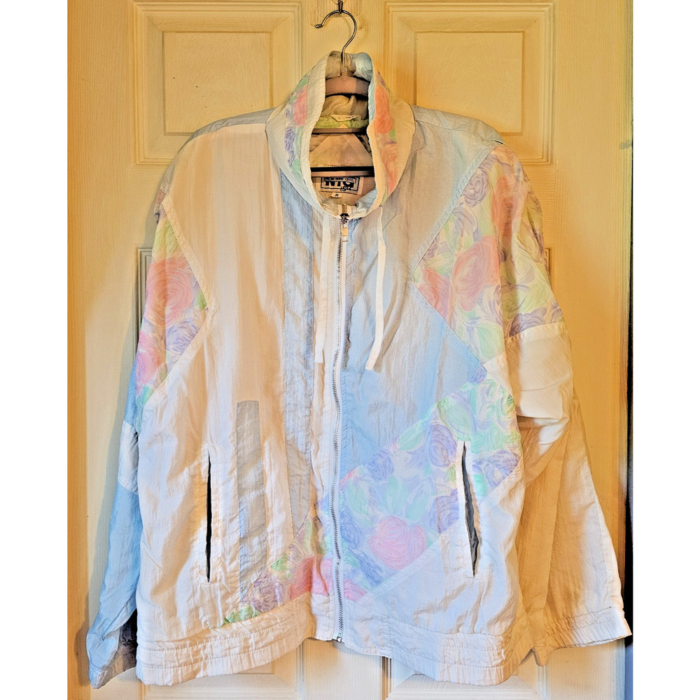 Vintage NYC New York Girl Pastel Floral Colorblock Windbreaker Jacket 90s Sz M